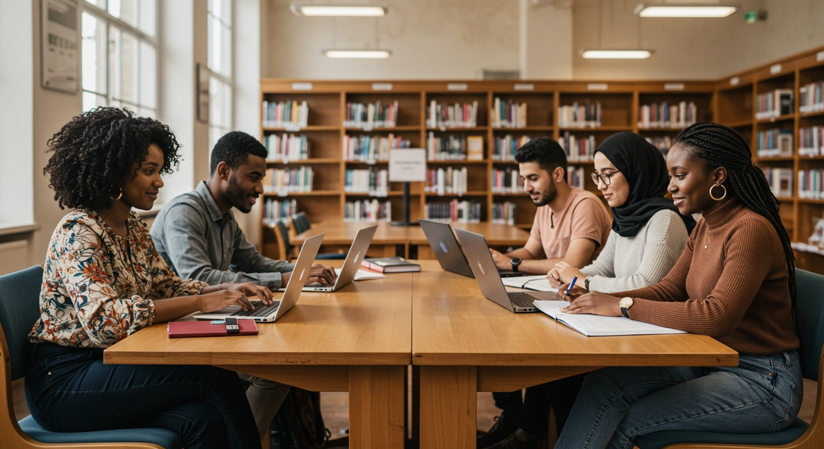Students-At-Library-Studying-And-Focusing-On-Laptop