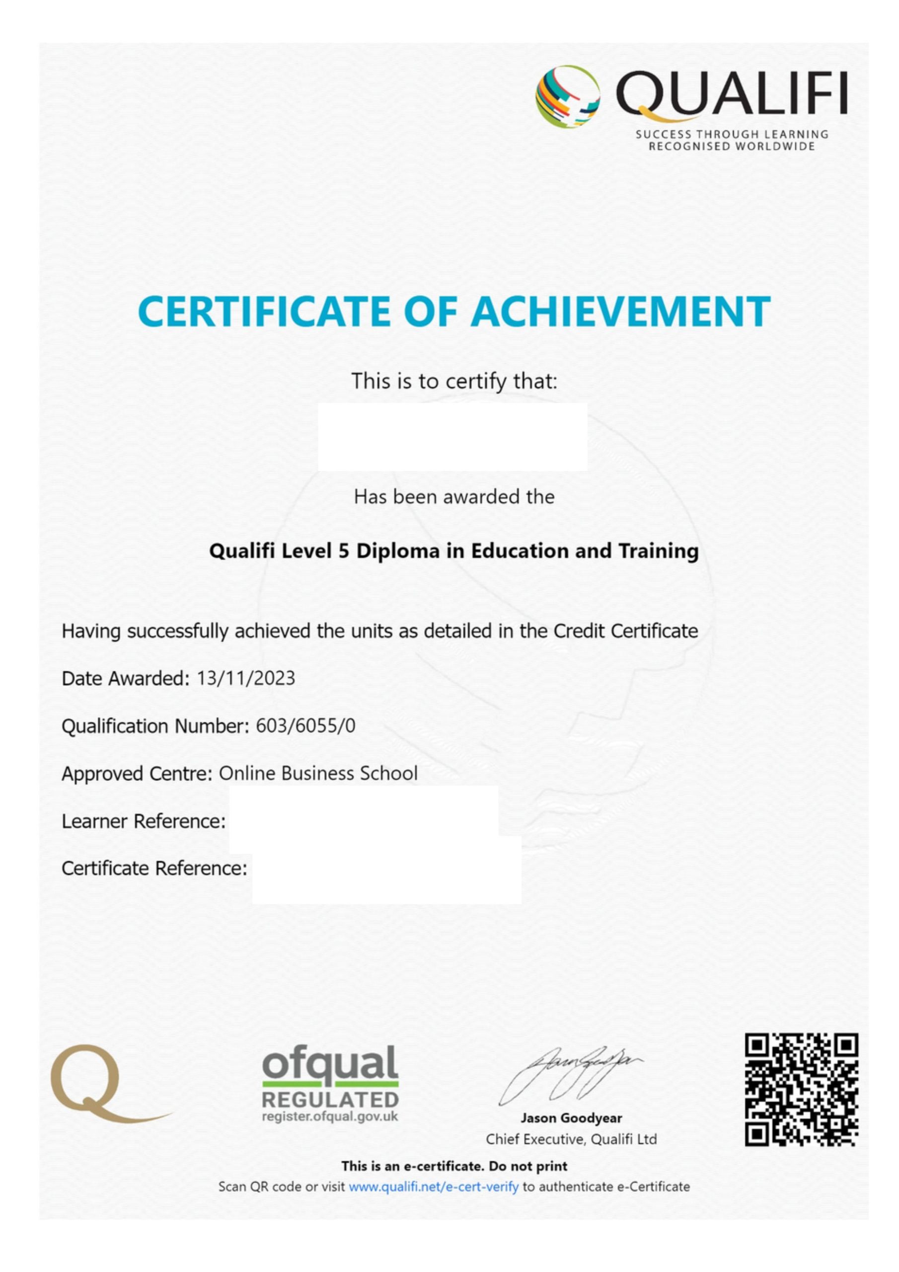 Qualifi Certificate Preview