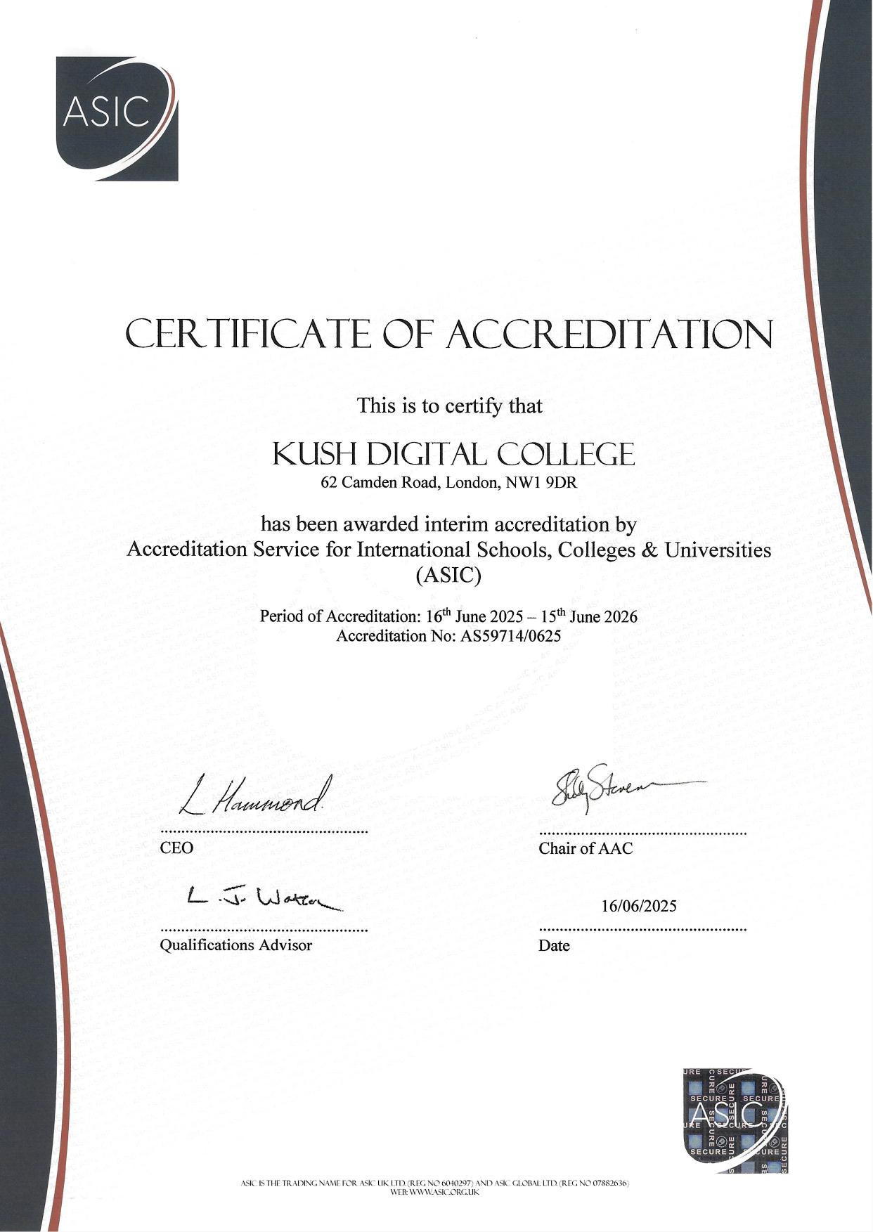 ASIC Accreditation Certificate